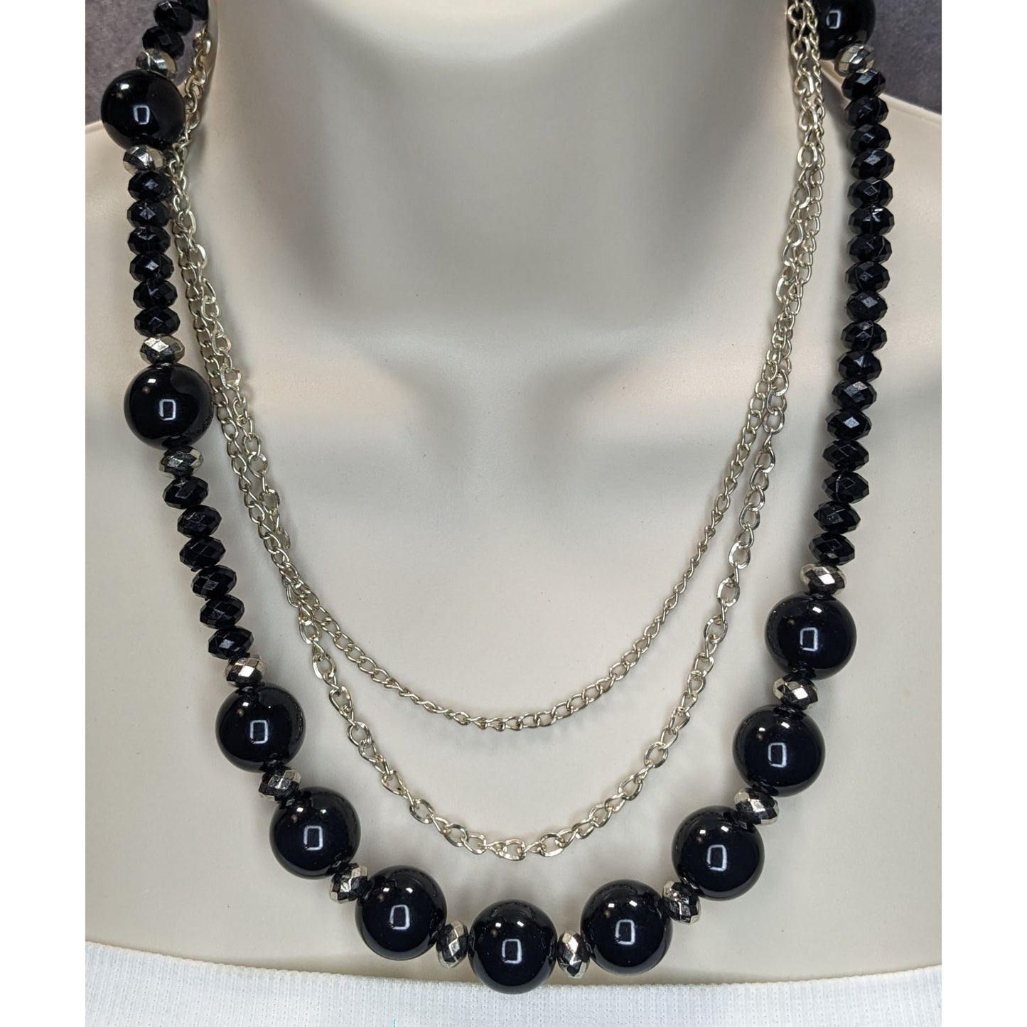 Goth Glam Layered Black Beaded Necklace Silver Tone Chains Statement Jewelry