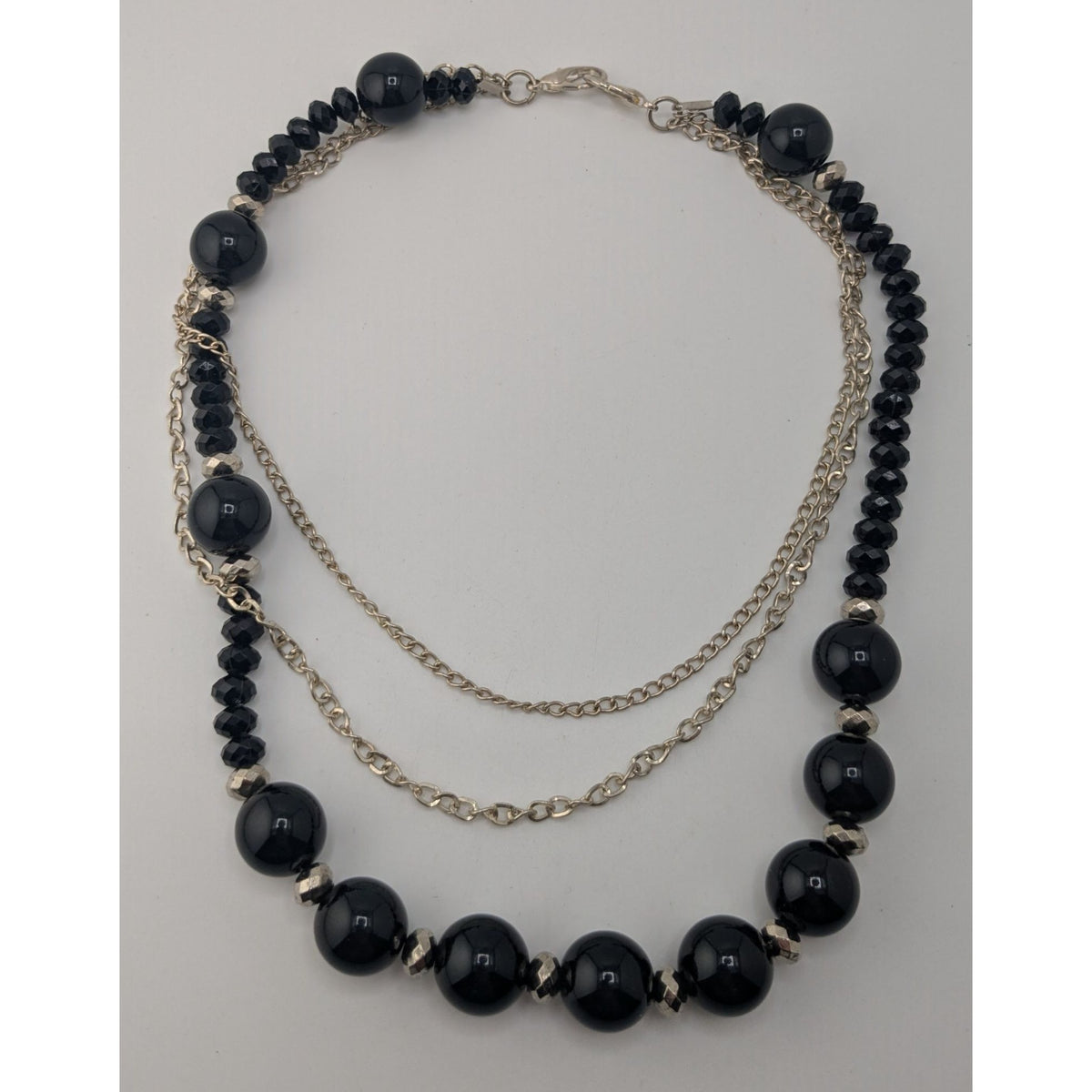 Goth Glam Layered Black Beaded Necklace Silver Tone Chains Statement Jewelry