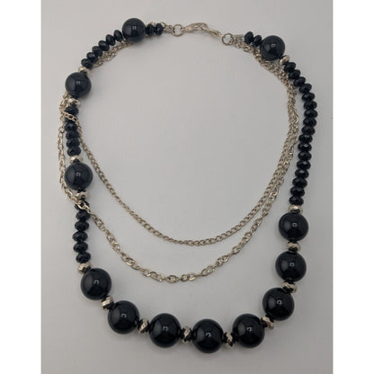 Goth Glam Layered Black Beaded Necklace Silver Tone Chains Statement Jewelry