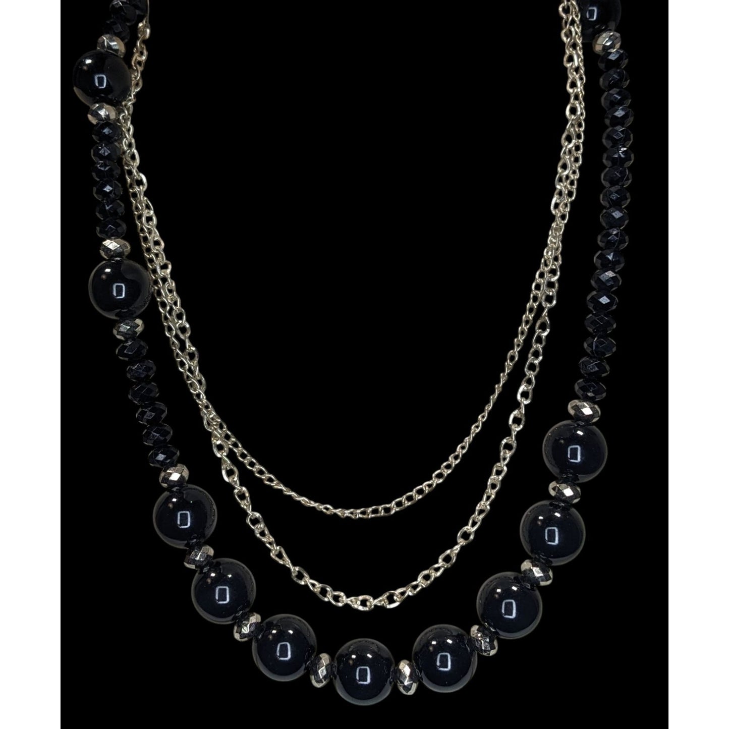 Goth Glam Layered Black Beaded Necklace Silver Tone Chains Statement Jewelry