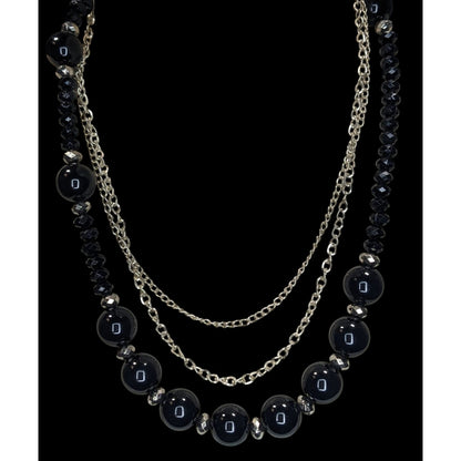 Goth Glam Layered Black Beaded Necklace Silver Tone Chains Statement Jewelry