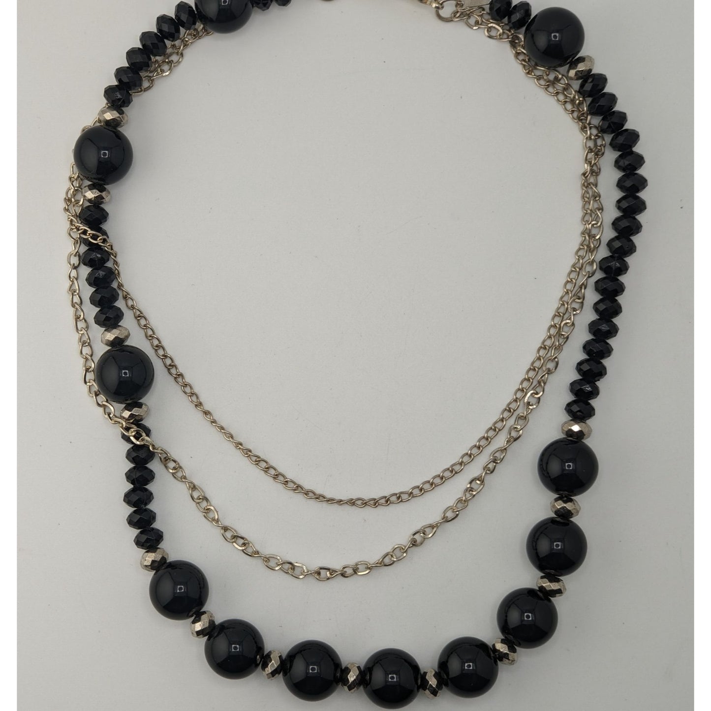 Goth Glam Layered Black Beaded Necklace Silver Tone Chains Statement Jewelry