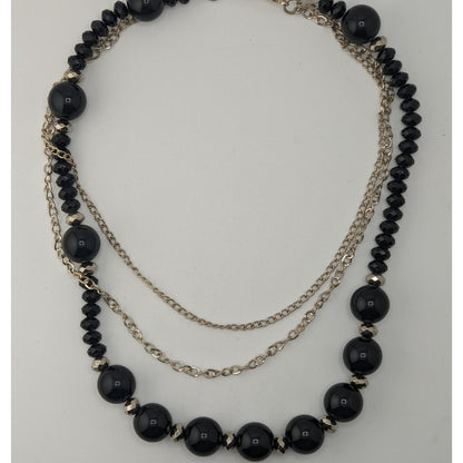 Goth Glam Layered Black Beaded Necklace Silver Tone Chains Statement Jewelry