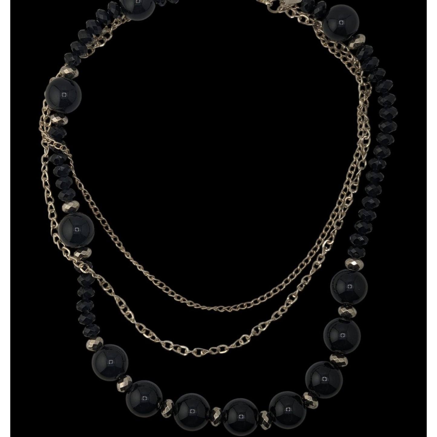 Goth Glam Layered Black Beaded Necklace Silver Tone Chains Statement Jewelry
