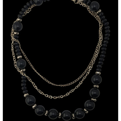 Goth Glam Layered Black Beaded Necklace Silver Tone Chains Statement Jewelry