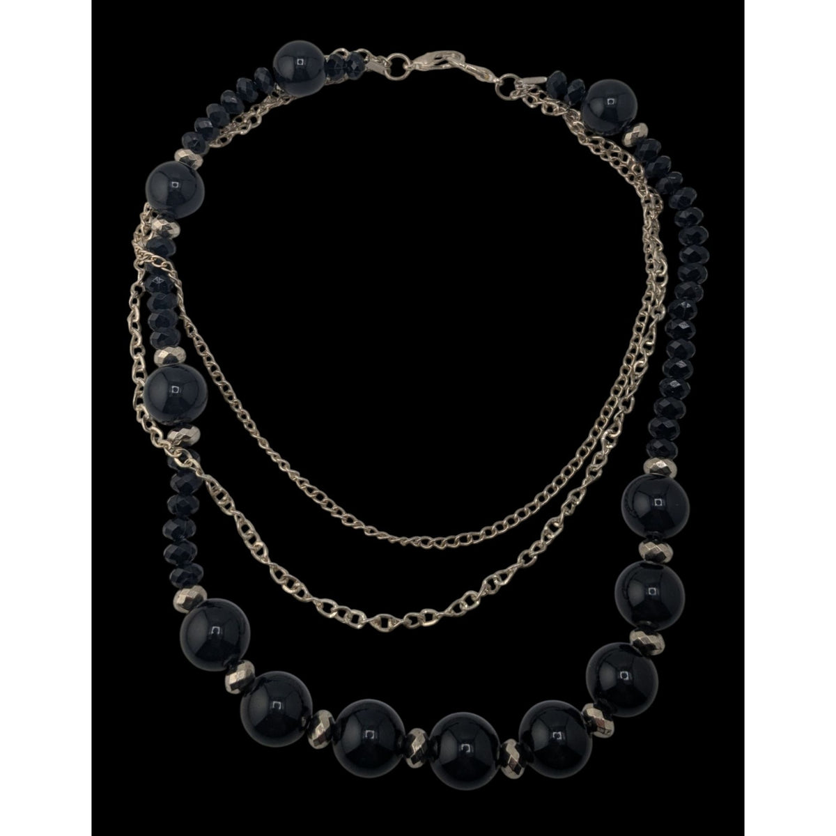Goth Glam Layered Black Beaded Necklace Silver Tone Chains Statement Jewelry