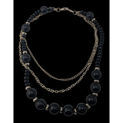 Goth Glam Layered Black Beaded Necklace Silver Tone Chains Statement Jewelry