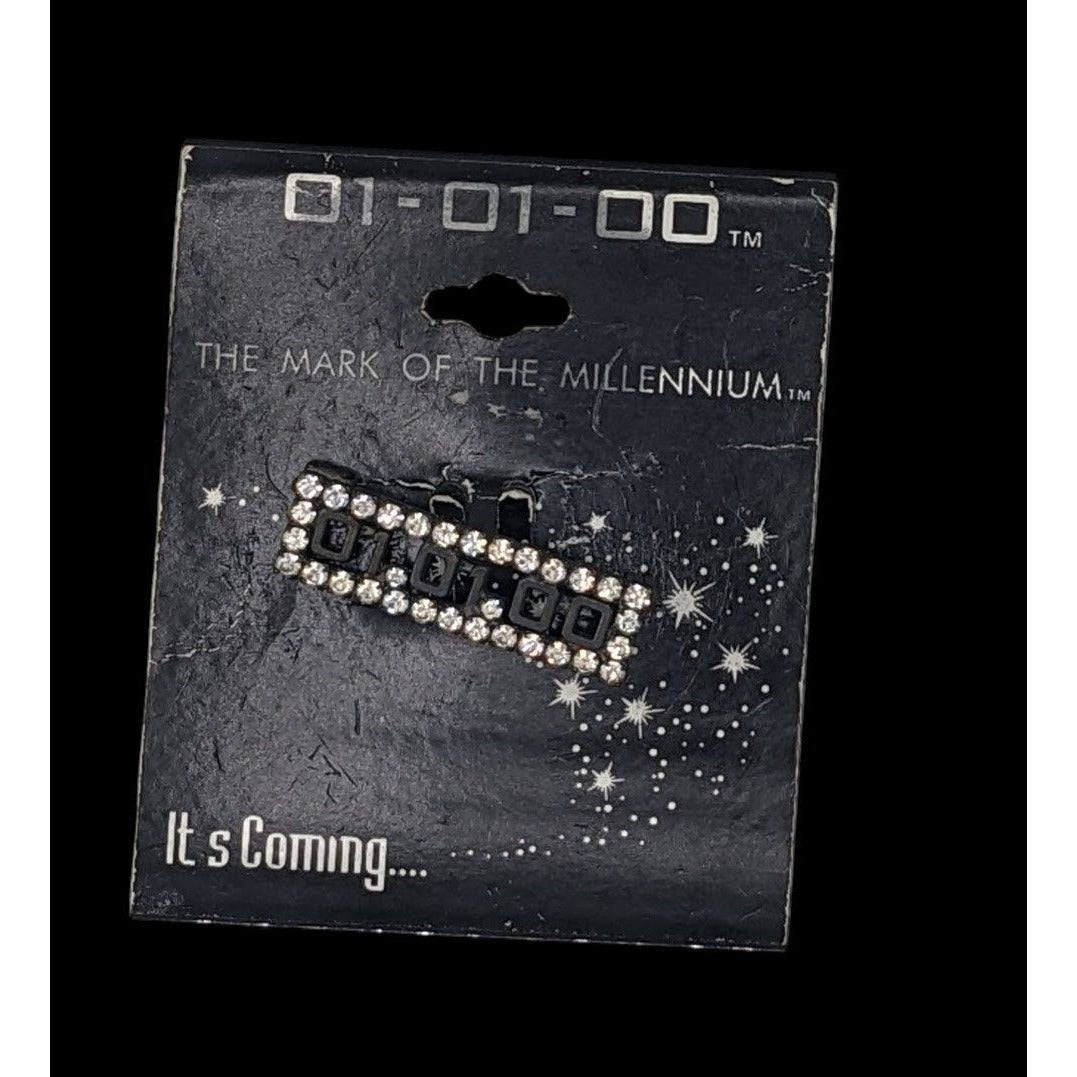 Y2K Grunge Retro Vintage "Mark Of The Millennium" "01-01-00" Rhinestone Countdown Brooch Pin