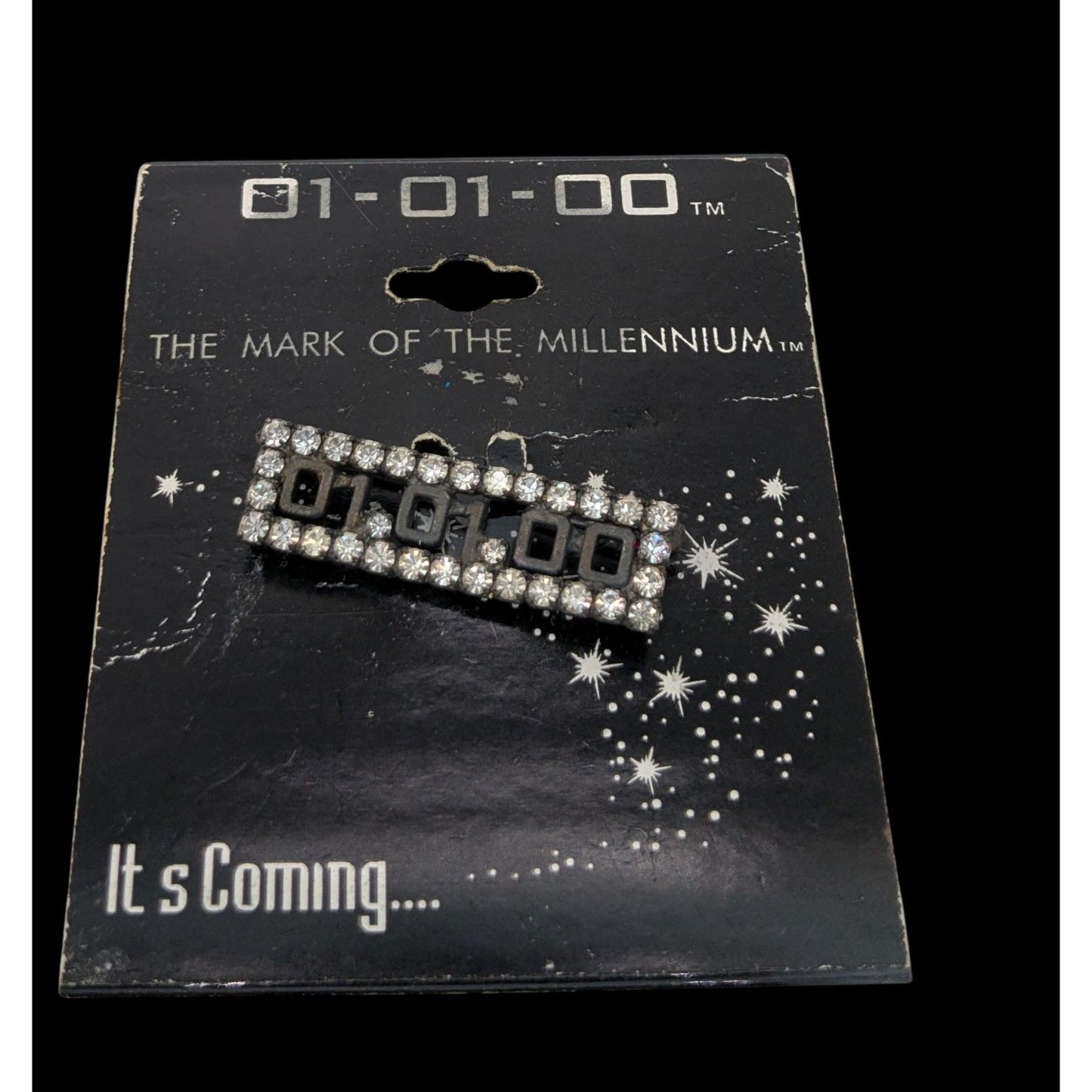 Y2K Grunge Retro Vintage "Mark Of The Millennium" "01-01-00" Rhinestone Countdown Brooch Pin