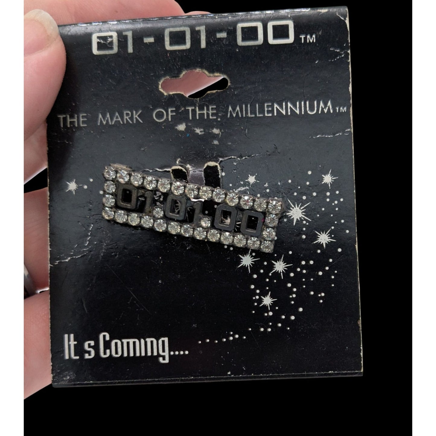 Y2K Grunge Retro Vintage "Mark Of The Millennium" "01-01-00" Rhinestone Countdown Brooch Pin