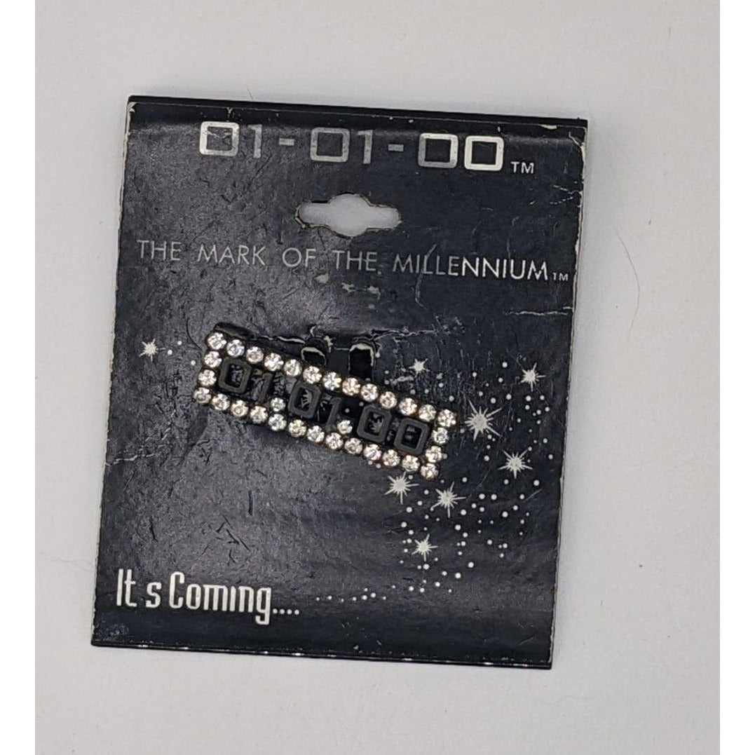 Y2K Grunge Retro Vintage "Mark Of The Millennium" "01-01-00" Rhinestone Countdown Brooch Pin
