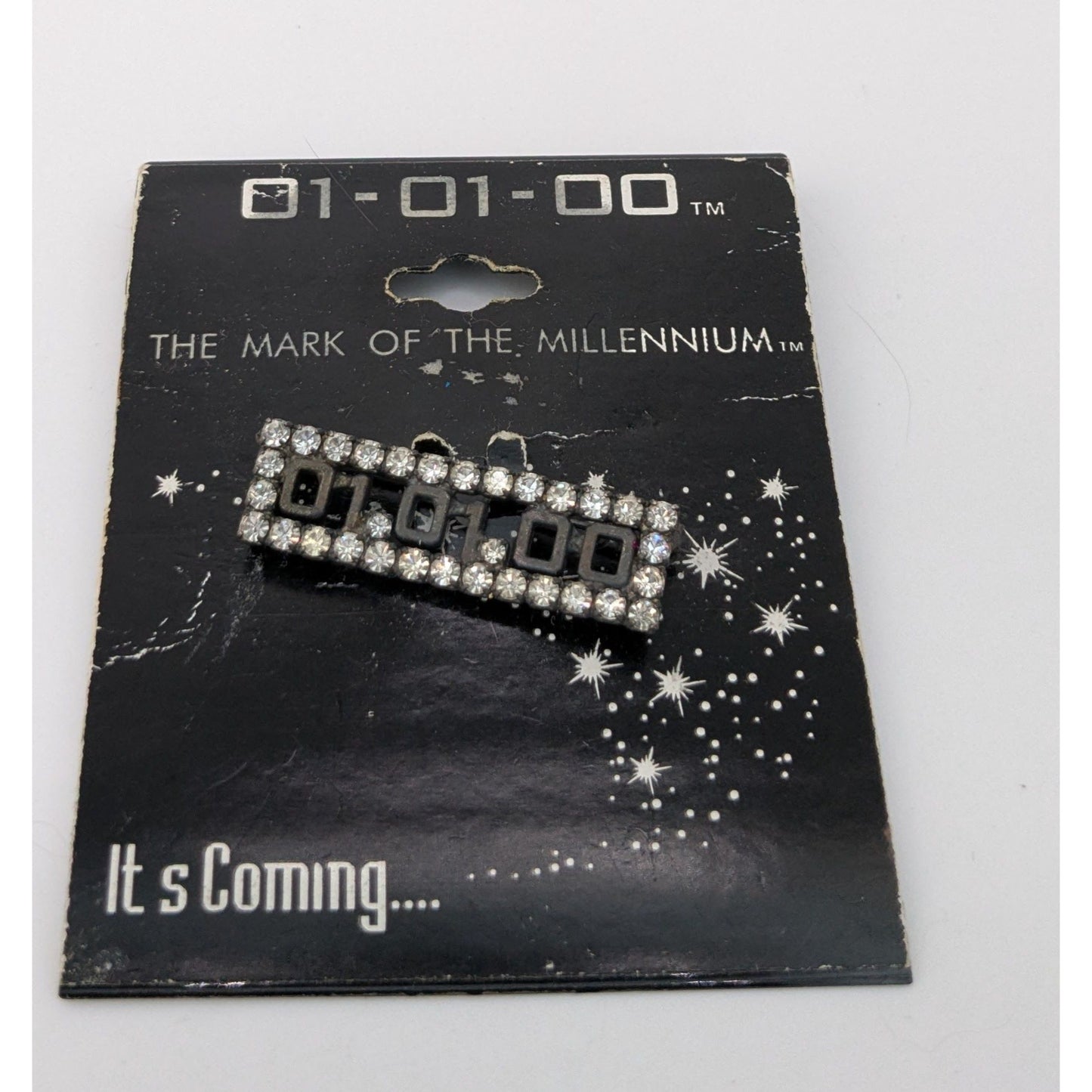 Y2K Grunge Retro Vintage "Mark Of The Millennium" "01-01-00" Rhinestone Countdown Brooch Pin