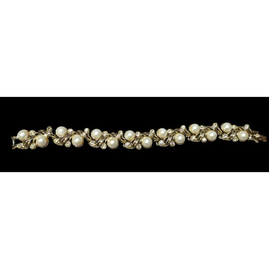 Vintage Sarah Coventry Floral Faux Pearl Rhinestone Gold Tone Bridal Bracelet