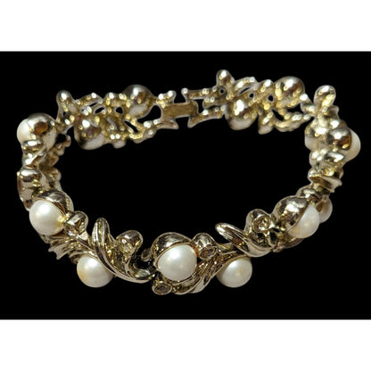 Vintage Sarah Coventry Floral Faux Pearl Rhinestone Gold Tone Bridal Bracelet