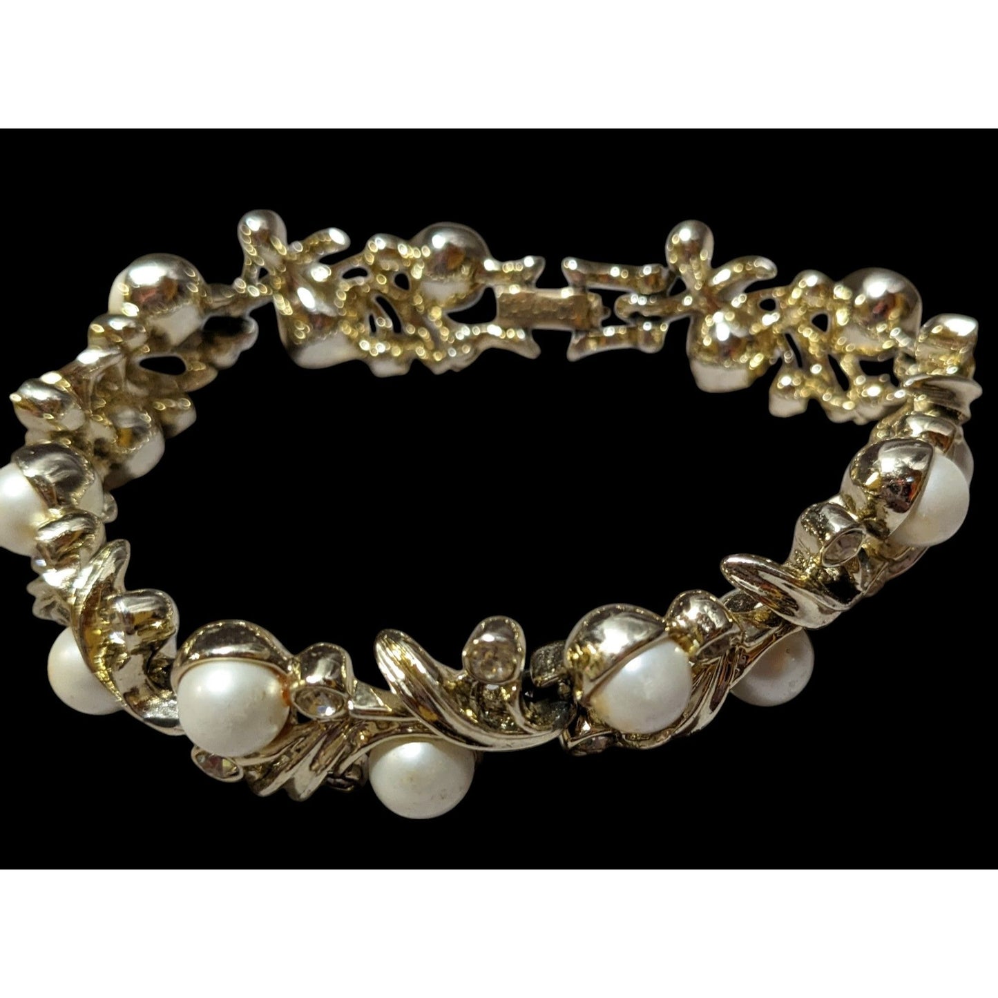 Vintage Sarah Coventry Floral Faux Pearl Rhinestone Gold Tone Bridal Bracelet