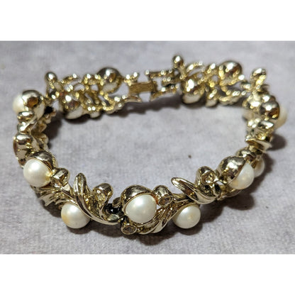 Vintage Sarah Coventry Floral Faux Pearl Rhinestone Gold Tone Bridal Bracelet