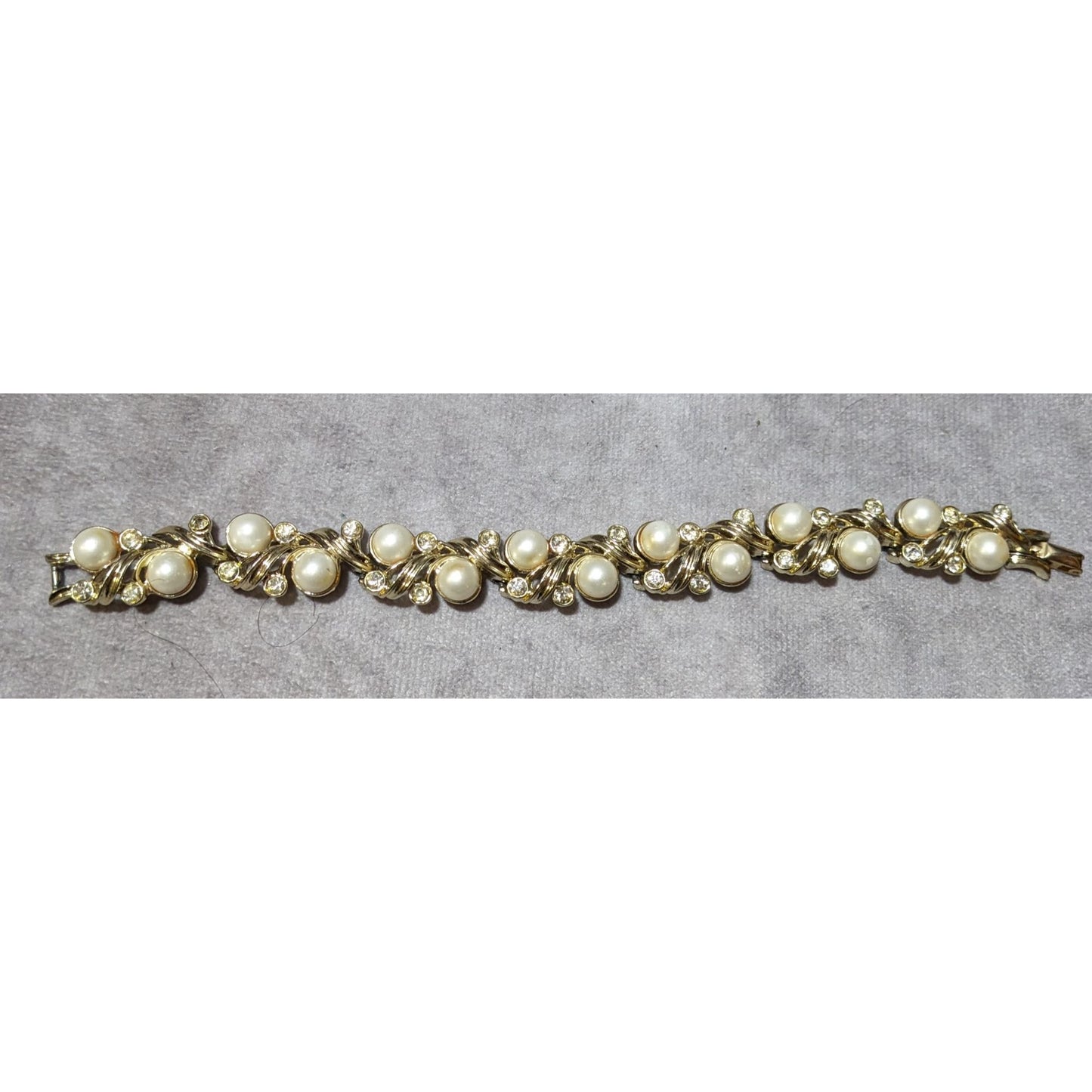 Vintage Sarah Coventry Floral Faux Pearl Rhinestone Gold Tone Bridal Bracelet