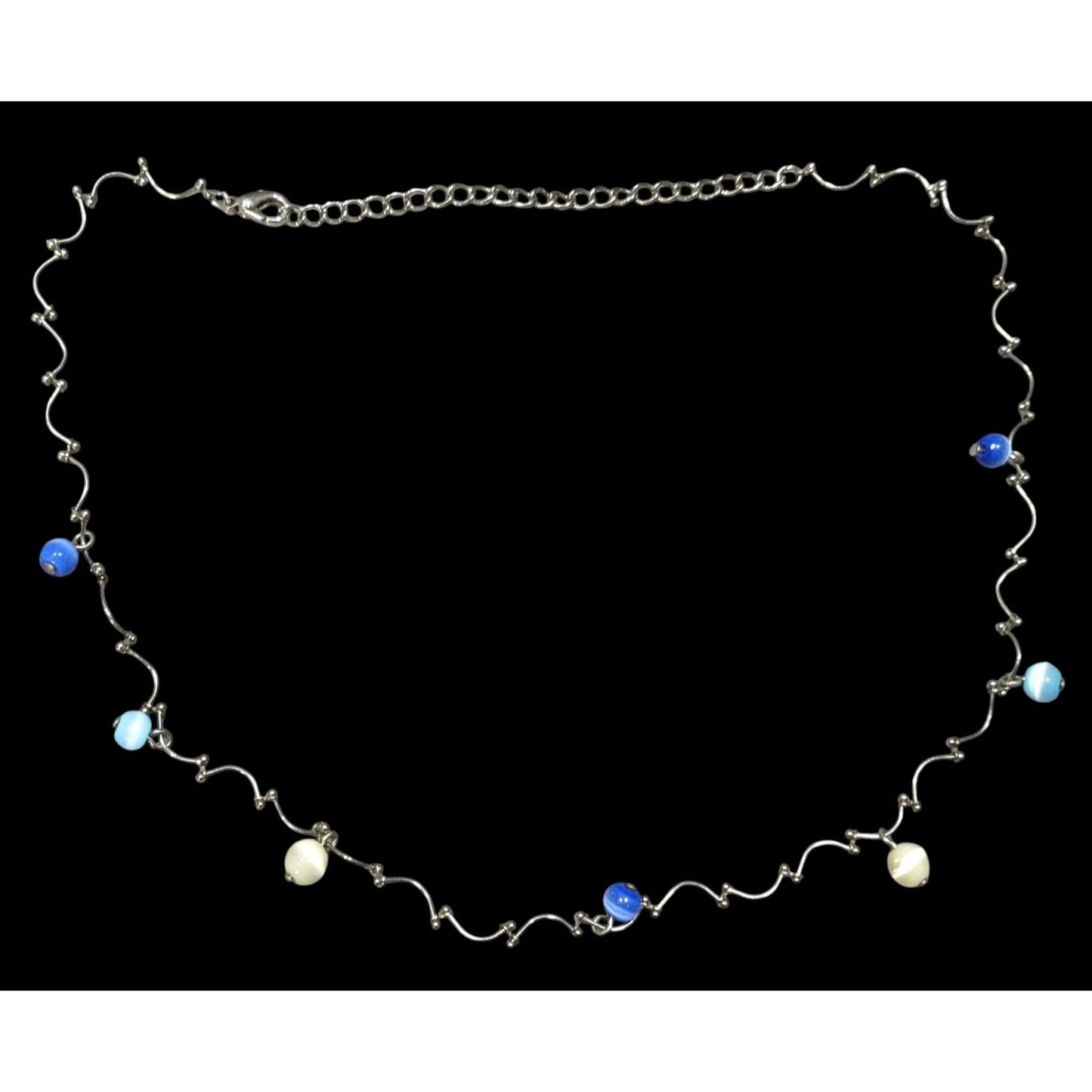 Retro Blue And Yellow Cateye Beaded Silver Tone Wiggly Chain Necklace