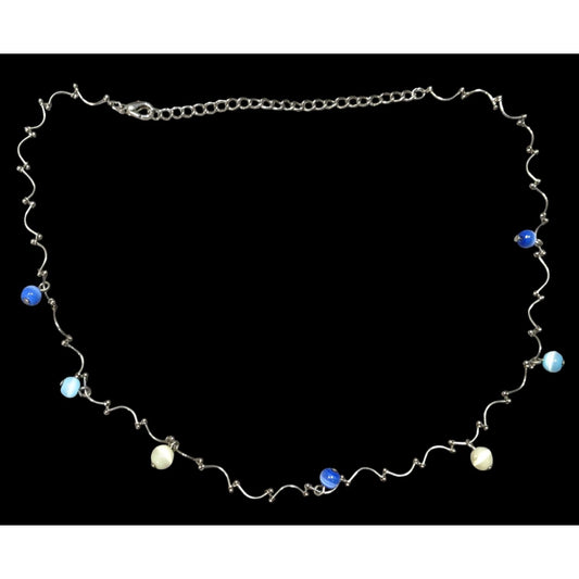 Retro Blue And Yellow Cateye Beaded Silver Tone Wiggly Chain Necklace