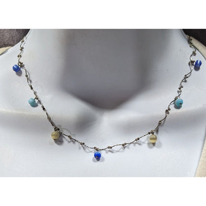Retro Blue And Yellow Cateye Beaded Silver Tone Wiggly Chain Necklace