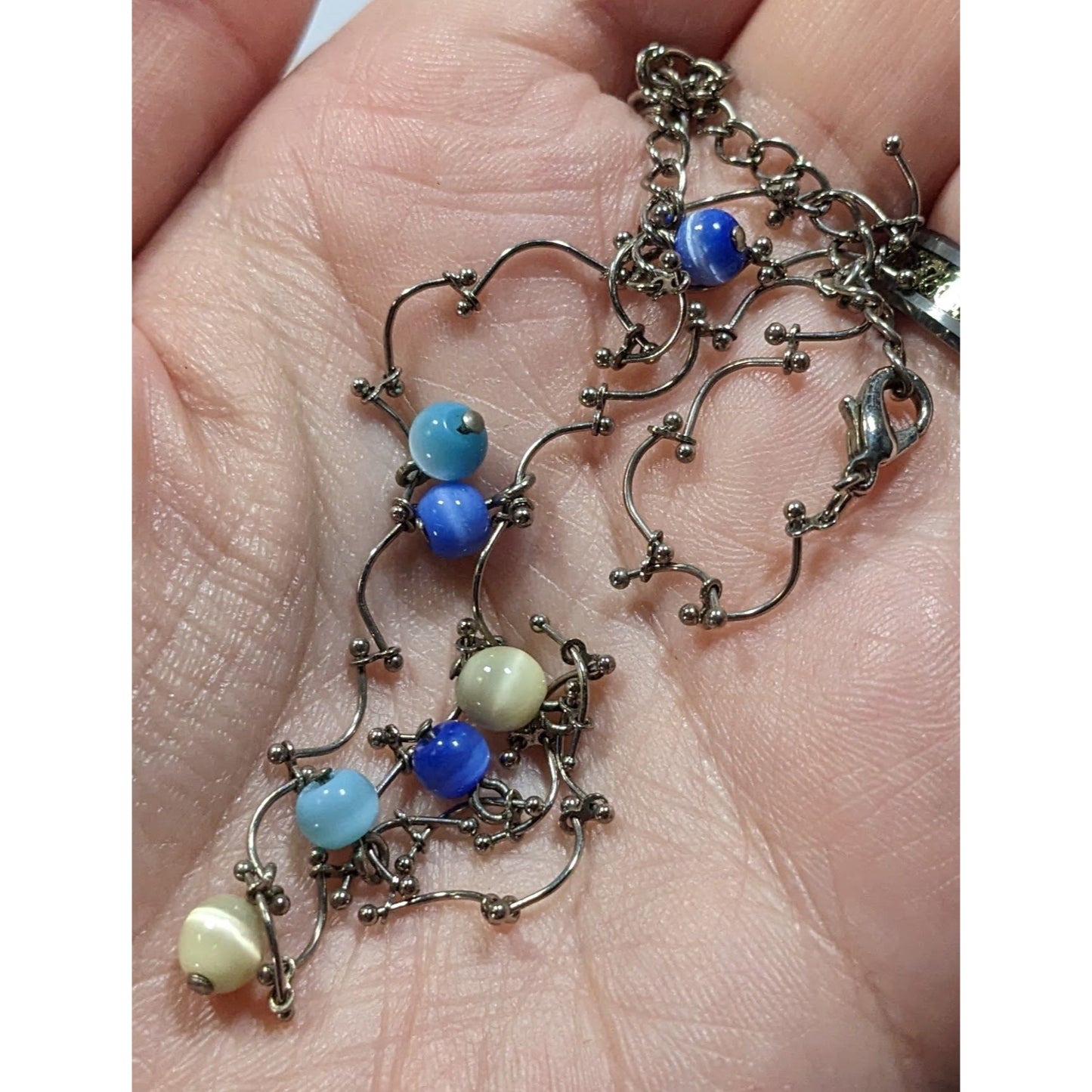 Retro Blue And Yellow Cateye Beaded Silver Tone Wiggly Chain Necklace