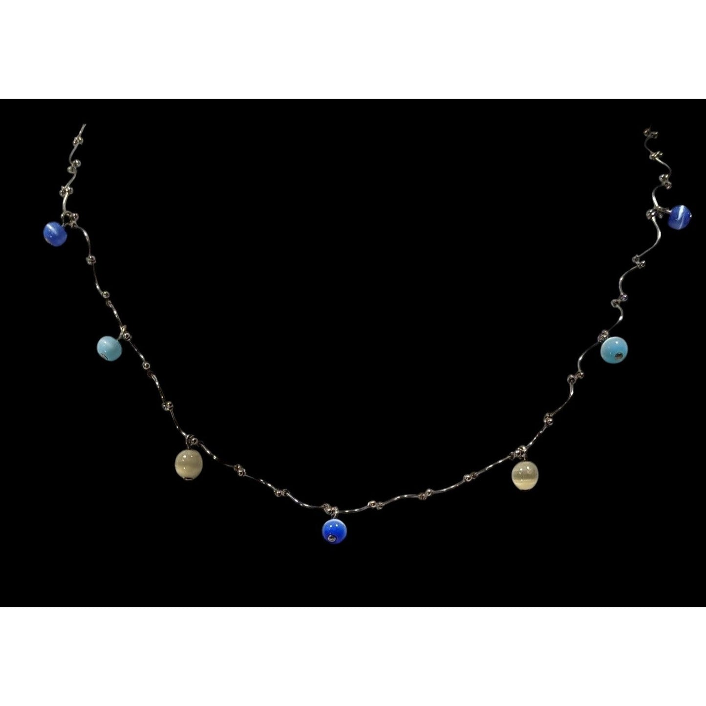 Retro Blue And Yellow Cateye Beaded Silver Tone Wiggly Chain Necklace