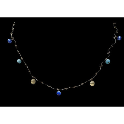 Retro Blue And Yellow Cateye Beaded Silver Tone Wiggly Chain Necklace