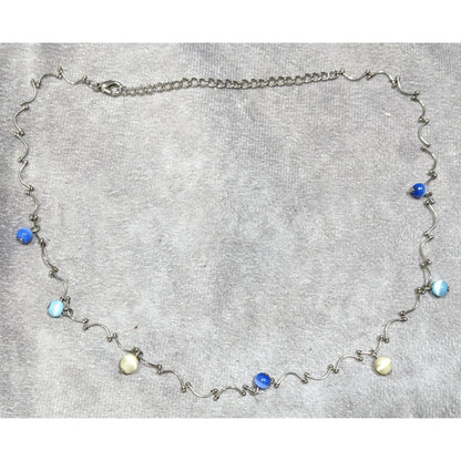 Retro Blue And Yellow Cateye Beaded Silver Tone Wiggly Chain Necklace