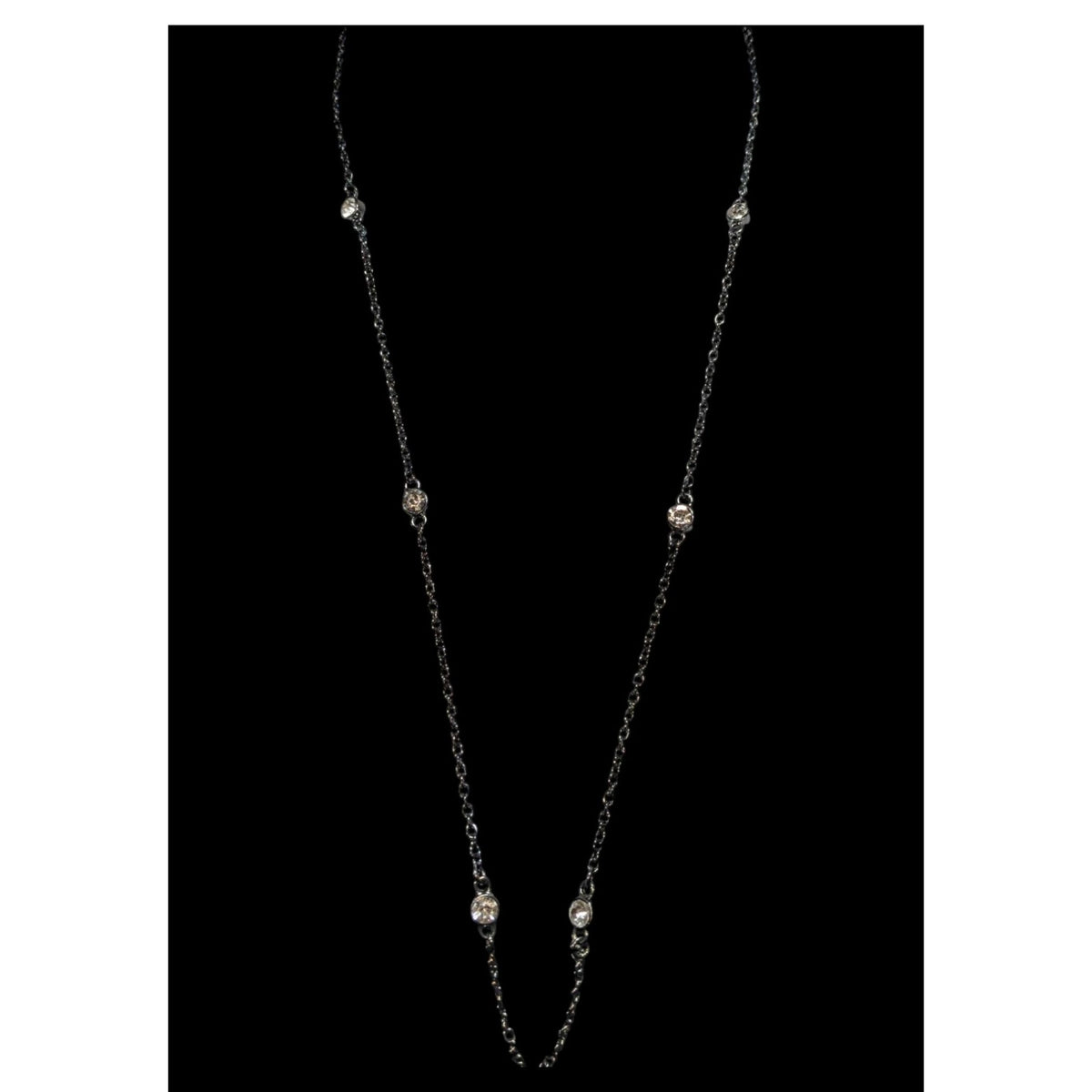 Glam Goth Minimalist Gunmetal Gray Clear Rhinestone Station Necklace 26 Inch