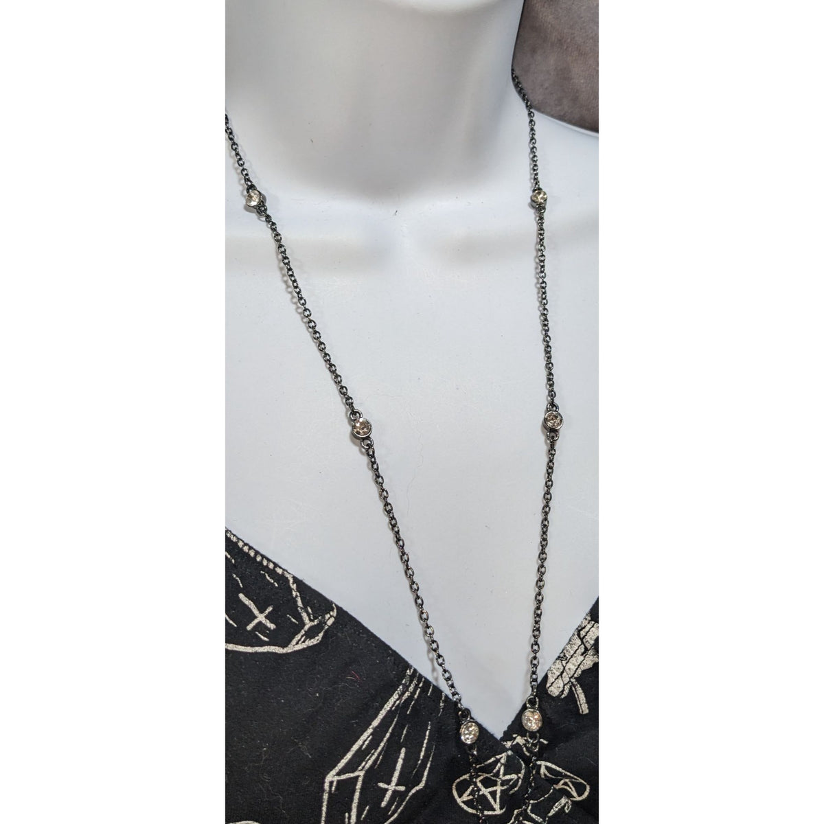 Glam Goth Minimalist Gunmetal Gray Clear Rhinestone Station Necklace 26 Inch