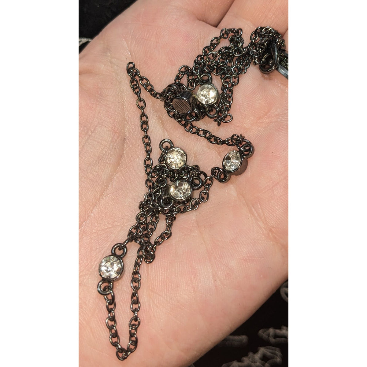Glam Goth Minimalist Gunmetal Gray Clear Rhinestone Station Necklace 26 Inch