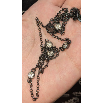 Glam Goth Minimalist Gunmetal Gray Clear Rhinestone Station Necklace 26 Inch