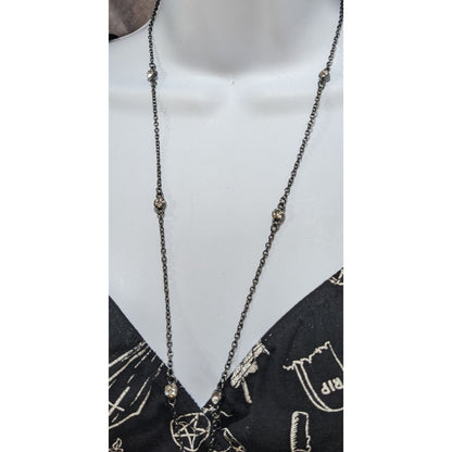 Glam Goth Minimalist Gunmetal Gray Clear Rhinestone Station Necklace 26 Inch