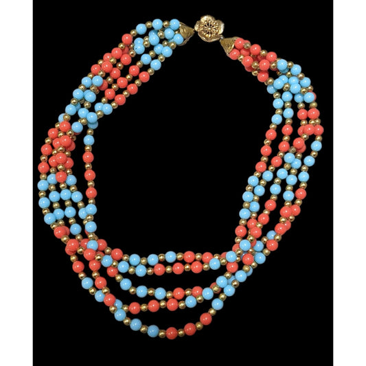 Vintage Multistrand Red Blue And Gold Tone Beaded Necklace