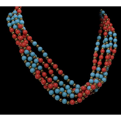 Vintage Multistrand Red Blue And Gold Tone Beaded Necklace