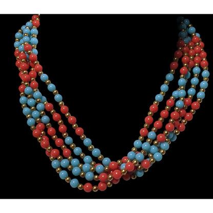 Vintage Multistrand Red Blue And Gold Tone Beaded Necklace