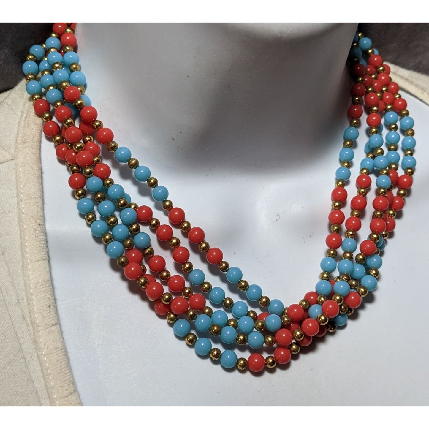 Vintage Multistrand Red Blue And Gold Tone Beaded Necklace