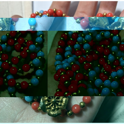 Vintage Multistrand Red Blue And Gold Tone Beaded Necklace