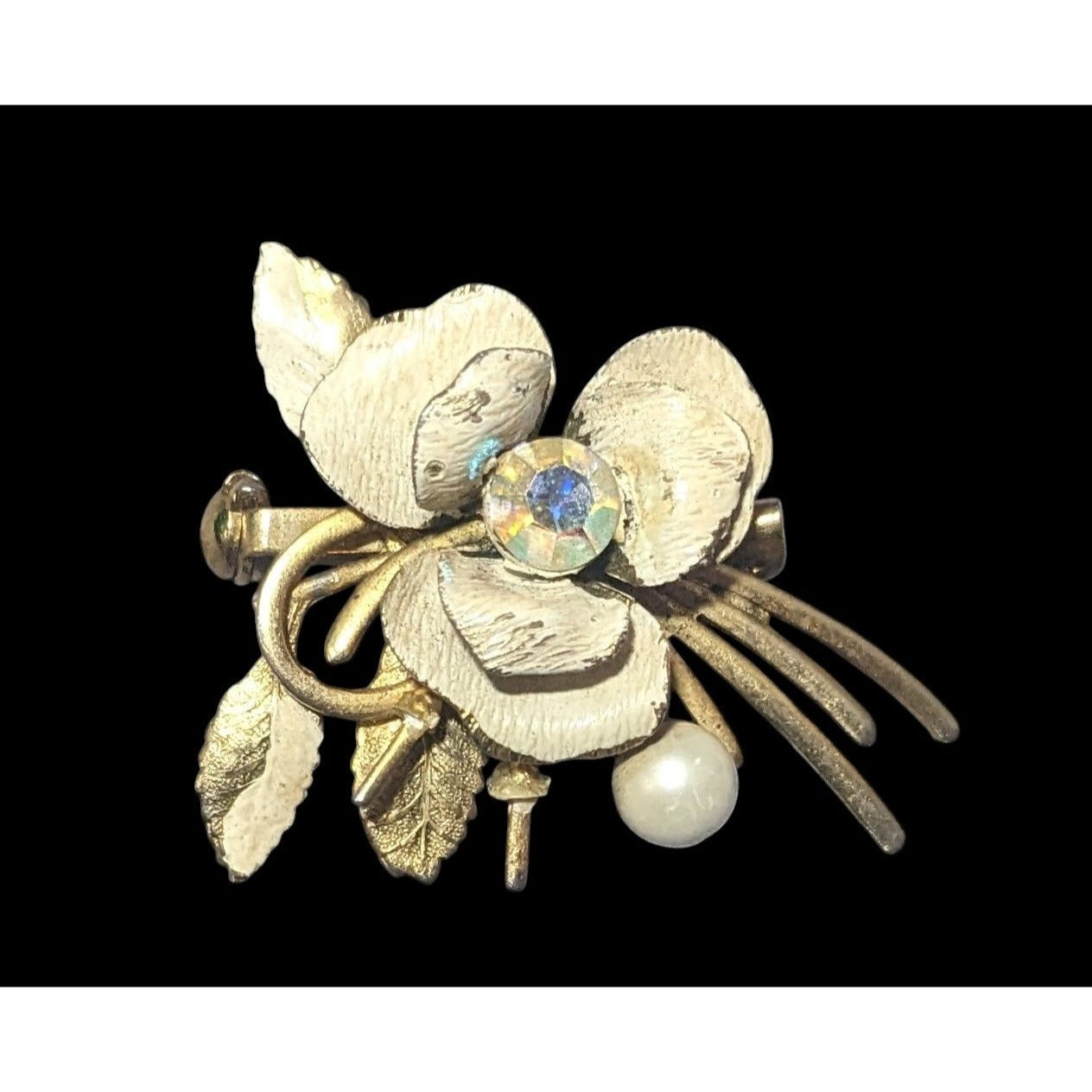 Vintage Cream And Gold Tone Whimsical Fantasy Floral Brooch