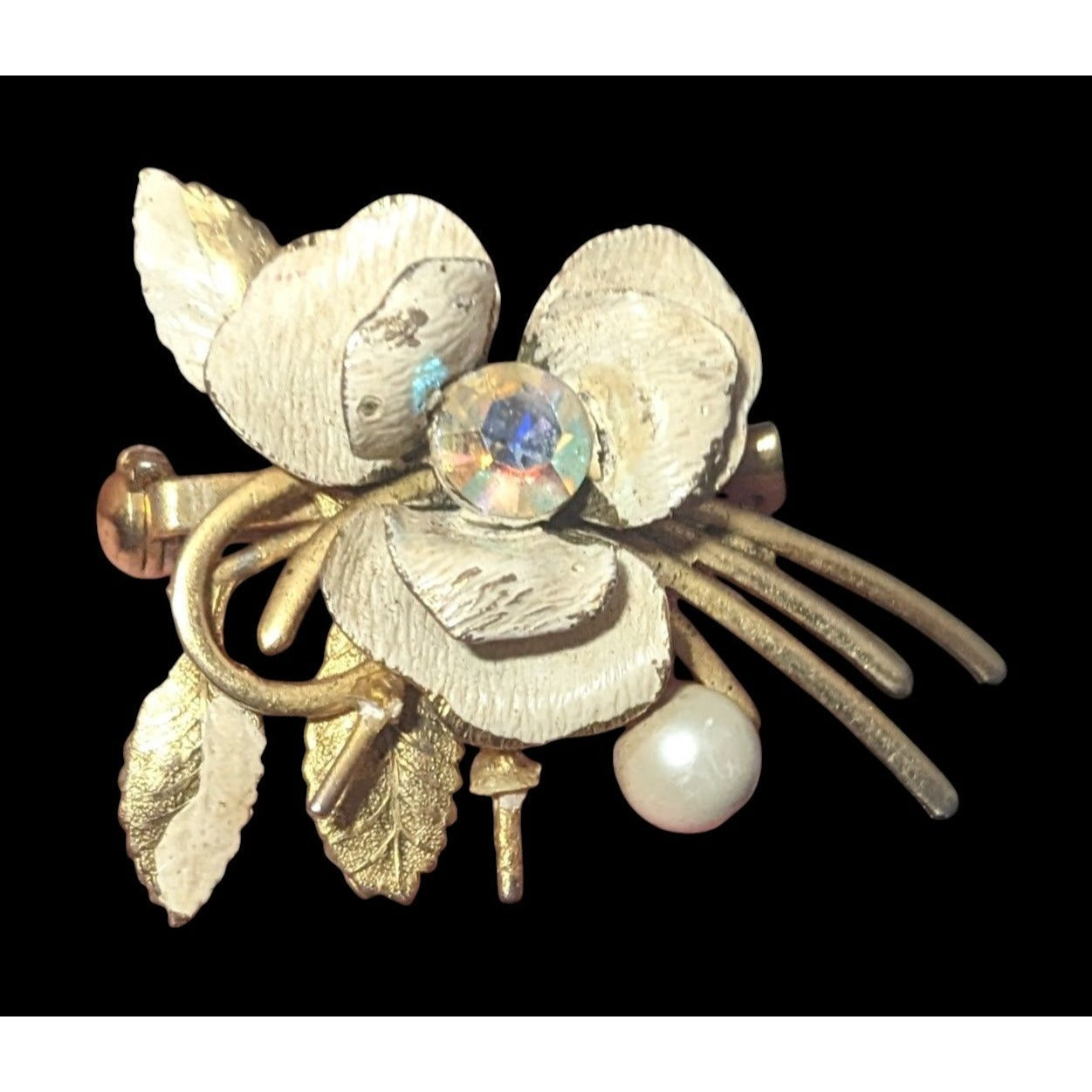 Vintage Cream And Gold Tone Whimsical Fantasy Floral Brooch