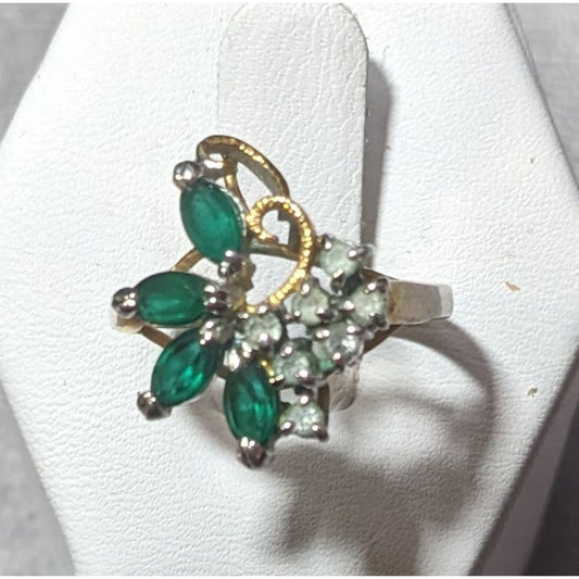 Vintage Faux Emerald And Diamond 14kt Gold Plated Floral Ring Size 5 3/4