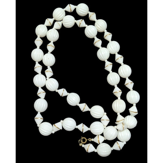 Vintage Retro White Beaded Necklace With Gold Accents