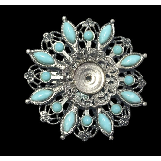 Vintage Floral Turquoise And Silver Tone Filigree Brooch