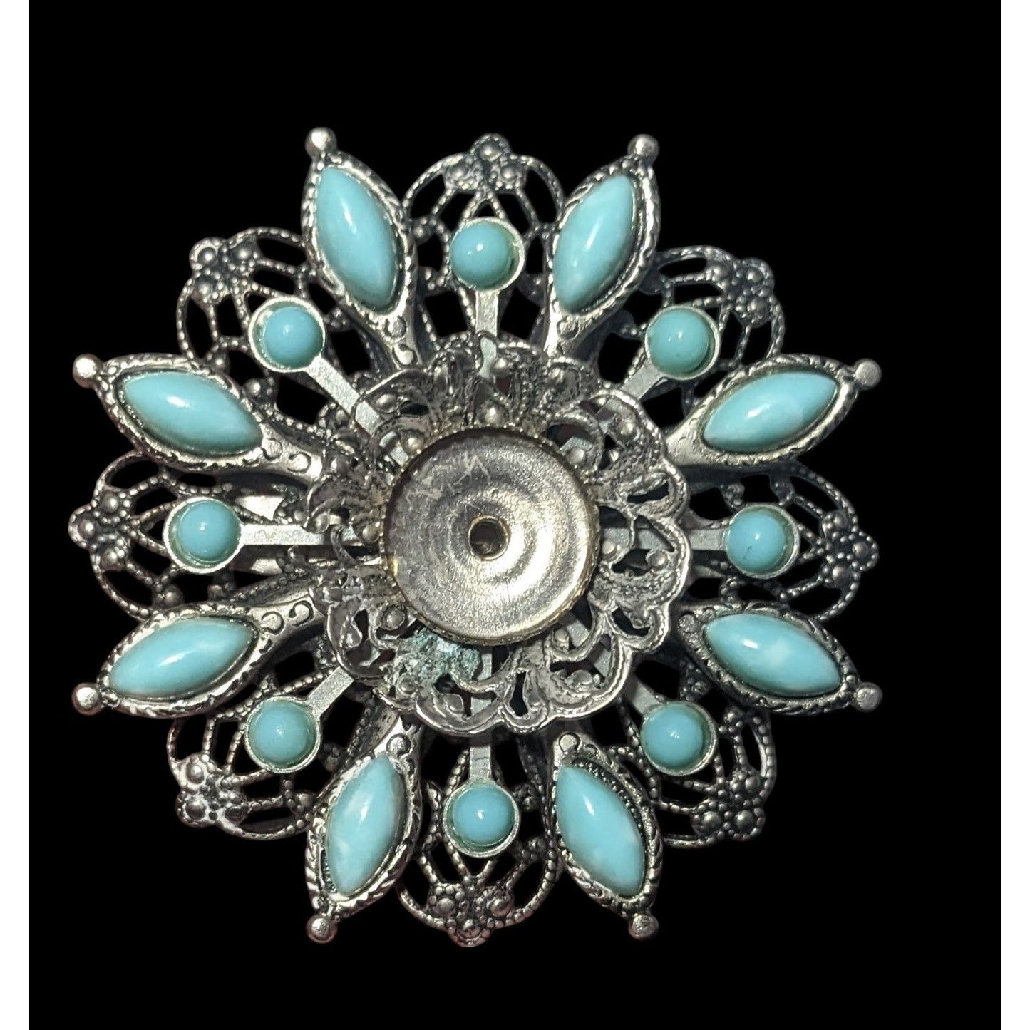 Vintage Floral Turquoise And Silver Tone Filigree Brooch