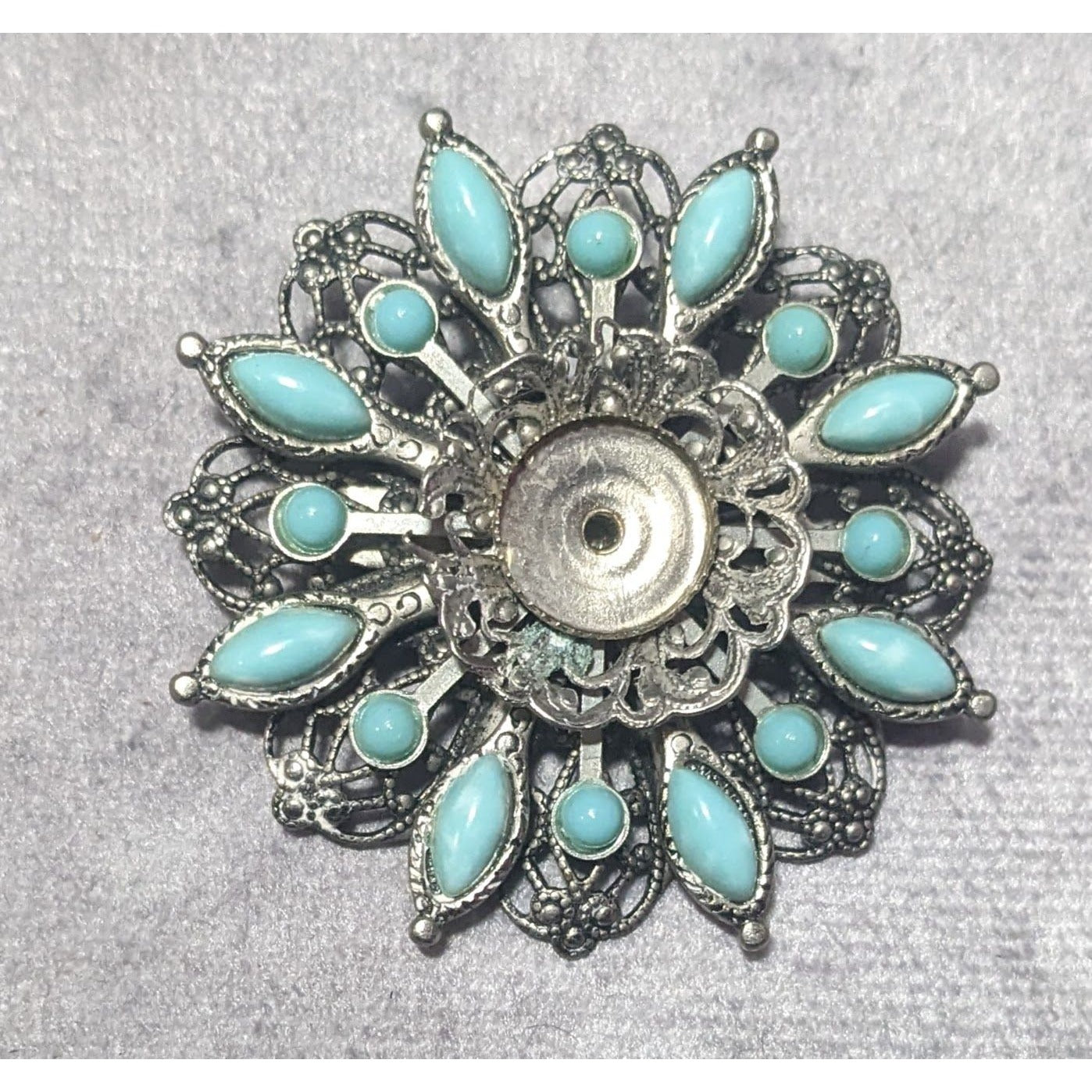 Vintage Floral Turquoise And Silver Tone Filigree Brooch