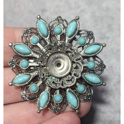 Vintage Floral Turquoise And Silver Tone Filigree Brooch