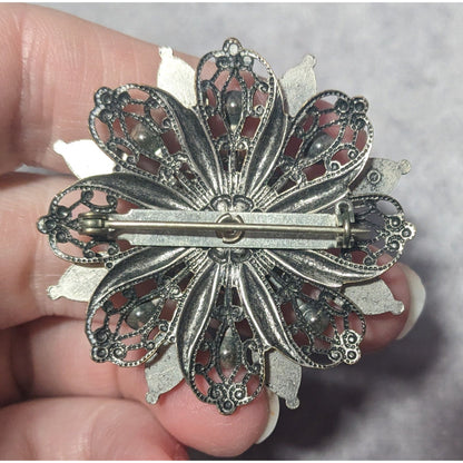 Vintage Floral Turquoise And Silver Tone Filigree Brooch