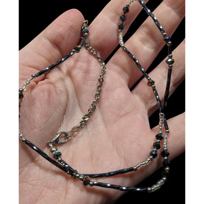 Delicate Silver Tone & Black Twisted Tube Crystal Beaded Necklace