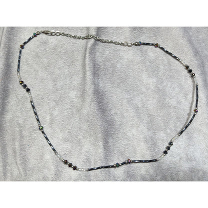 Delicate Silver Tone & Black Twisted Tube Crystal Beaded Necklace
