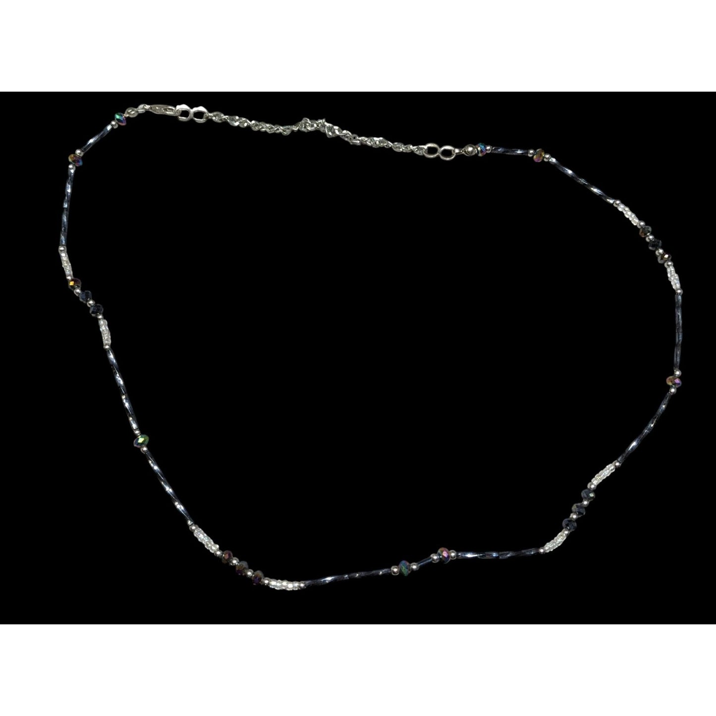 Delicate Silver Tone & Black Twisted Tube Crystal Beaded Necklace